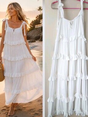 INC White TIERED RUFFLE Summer MAXI Beach Vacation Sun DRESS Womens Size M/L